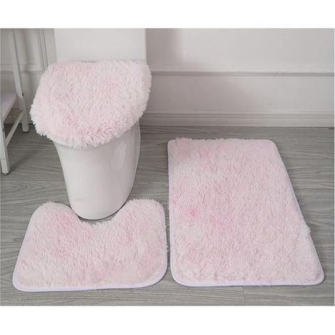 3-teiliges Set bestehend aus einem WC-Sitzbezug, einer grau-roten Badematte und einer Fußmatte. (Farbe: Hellrosa) (1/5)
