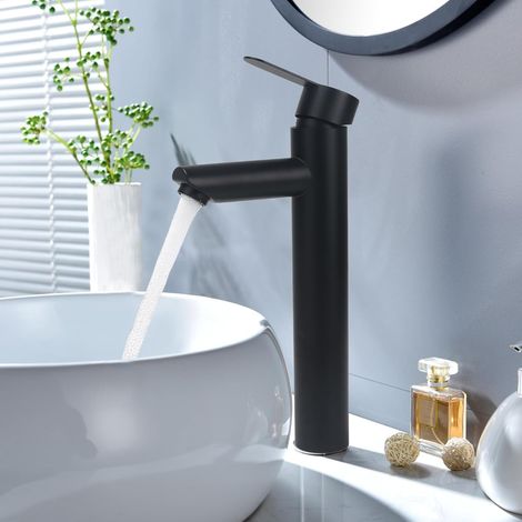 Robinet de salle de bain haut noir – Mitigeur évier 30 cm – Contrôle eau chaude/froide – Valve céramique, inox (1/5)