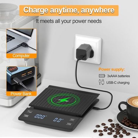 Thijox, Balanza digital para café con temporizador, 0,1 g/3 kg, balanza electrónica de cocina impermeable, gran pantalla LED, botón táctil, M (1/5)