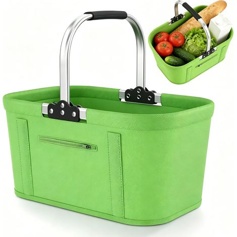 Grand panier de courses, pliable, 30 l, panier de pique-nique, panier de transport, pratique avec barres en aluminium, sac de courses familial pour camping, pique-nique (vert) (1/5)