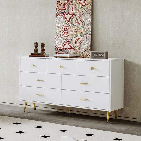 Sideboard mit 7 Schubladen, Griffen und 5 Metallbeinen, für Esszimmer oder Wohnzimmer, Weiß, 140 × 35 × 76 cm