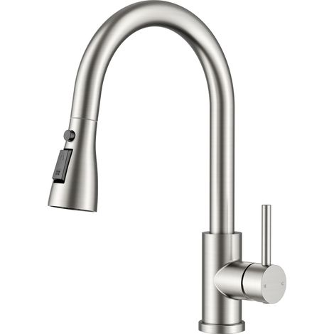 Robinet Cuisine, Mitigeur Cuisine avec Douchette Extractible, Robinet Evier de Cuisine Pivotant à 360° adapté aux éviers à forte courbure, 2 modes, Acier Inoxydable (1/5)
