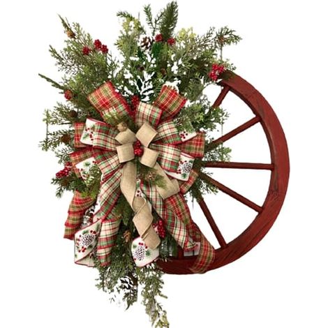 Couronne d'hiver, roue de chariot de ferme, ornement à suspendre à la porte d'entrée, décoration de Noël pour la maison ou le restaurant (1/5)