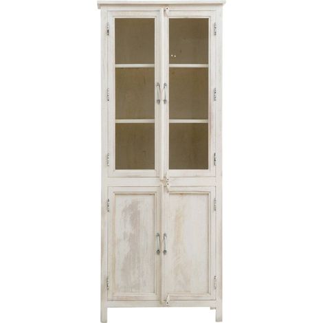 Made In Meubles – Vaisselier en bois de manguier blanchi – 2 portes vitrées et 2 portes pleines – Dimensions 177x68x38 cm – Meuble pour espace restreint (1/5)