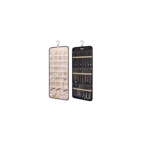 Roulette de rangement pour bijoux à suspendre, avec crochets métalliques, support double face pour boucles d'oreilles, colliers, fixation murale ou de porte, 1 pièce, grand format, noir (1/5)