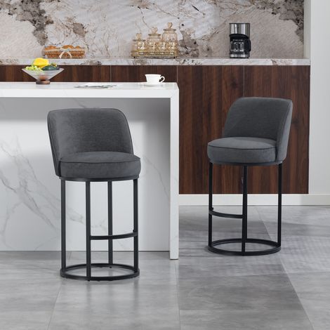 MODFU - Set di 2 sgabelli da bar con seduta imbottita in lino, schienale ergonomico, gambe in metallo nero, 46,5×49,5×88,5 cm, grigio