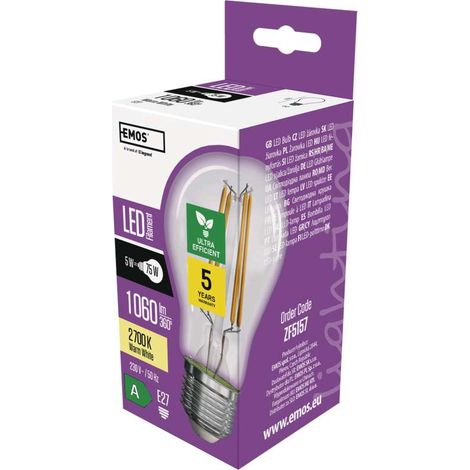 EMOS LED Lampe Edison A60, 5W Ersatz für 75W Glühbirne, A Klasse Vintage-Birne mit E27 Sockel, Helligkeit 1060 lm, Warmweiß 2700 K (1/5)