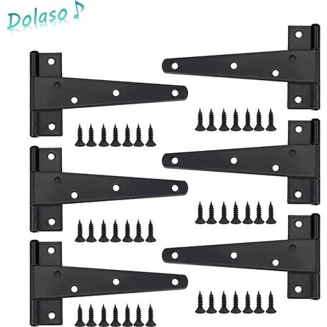 Lot de 6 charnières en T noir en acier inoxydable 6 pouces, paumelles robustes pour porte, portail, atelier et meuble (1/4)