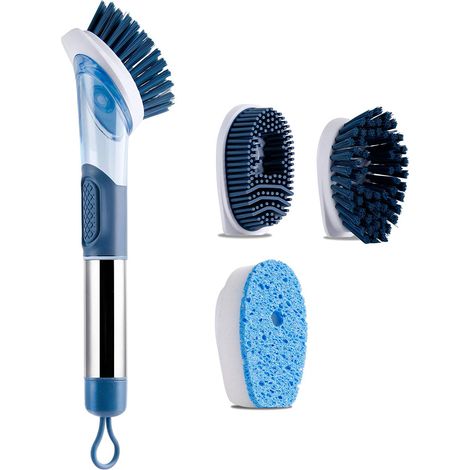 Brosse À Vaisselle Avec Distributeur De Savon - Tête Rotative Réglable - 3 Têtes Remplaçables PP TPR Éponge - Acier Inoxydable Alimentaire - 1 Pièce (1/5)