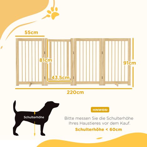 Barrière quatre panneaux bois pliable 220x91cm porte autoportante avec supports, grille de sécurité escalier couloir pour chiens domestiques (1/5)