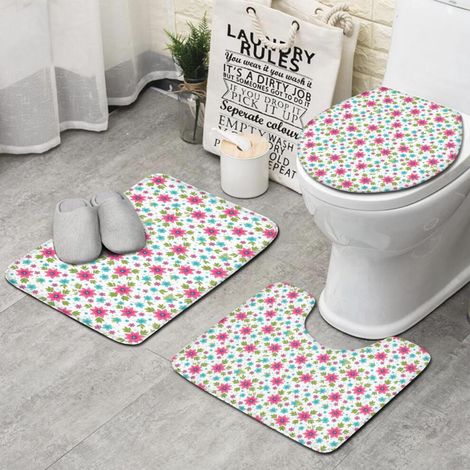 Ensemble de tapis de bain 3 pièces Pioneer Flower à motif floral, comprenant un couvre-toilette et un tapis de bain absorbant et antidérapant avec contour en forme de U.