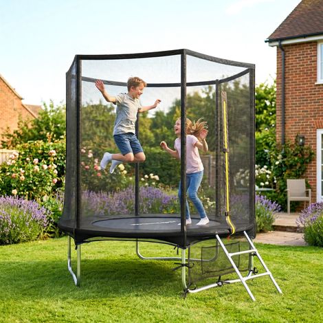 Cama Elástica Exterior Ø183 cm Trampolín para Niños +6 Años Adultos con Red de Seguridad Escalera de 2 Peldaños Negro (1/5)