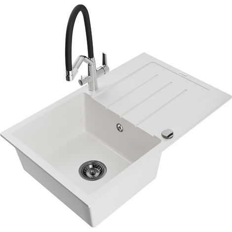 Mexen Bruno lavello da cucina in granito a 1 vasca con scolapiatti e rubinetto Duo, bianco - 6513-20-671701-07-B (1/5)