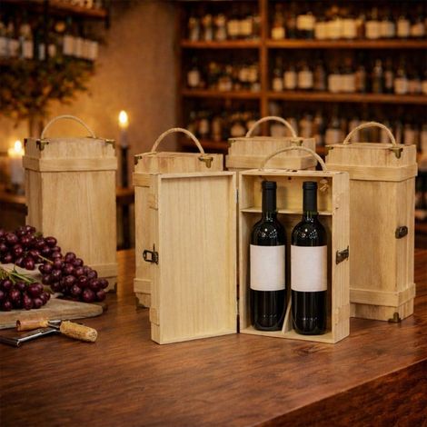 5 caisses en bois pour deux bouteilles, avec poignée et bouchon en métal