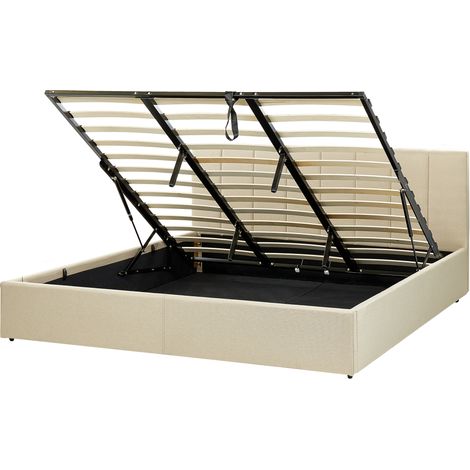 Cama con somier de poliéster beige negro 180 x 200 cm cabecero almacenaje Dreux