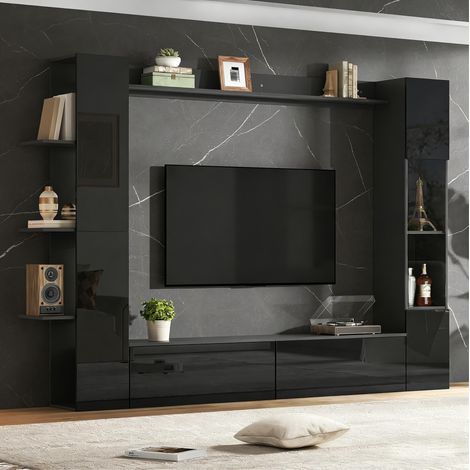Mueble TV de pared de 4 piezas con almacenaje y vitrinas, 245 x 30 x 170 cm, negro HAVRYA (1/5)