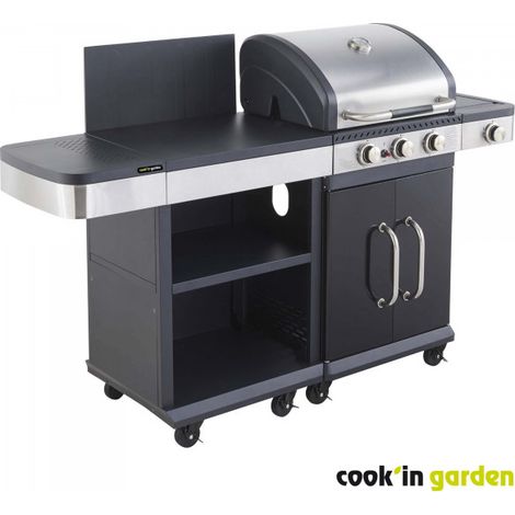 Cook'In Garden – Barbecue gaz portable 3 brûleurs inox avec allumage piezo – Puissance 11,5 kW – Desserte avec roues multidirectionnelles – Cuisine d'extérieur pour 8 convives