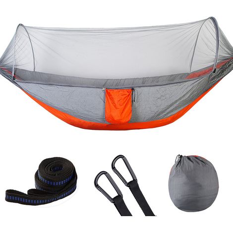 Hamac de camping gris-orange à ouverture automatique avec moustiquaire, portable et utilisable comme tente-hamac pour la randonnée et les voyages en plein air. (1/5)