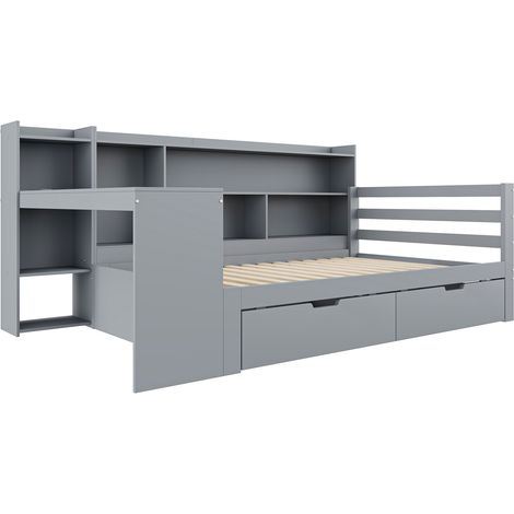 Canapé-lit multifonction en bois massif 90x200 cm avec bureau, étagères et prises, couleur grise (1/5)