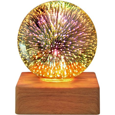 Veilleuse LED Boule de Cristal 3D, Veilleuse Feu d'Artifice LED, Lampe de Bureau Romantique, Boule de Verre Cristal Magique, Lampe Décorative avec Socle Bois