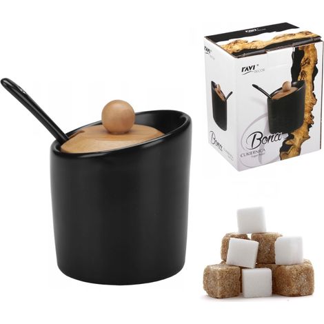 Azucarero pequeño de cerámica Bona con cuchara, negro mate, tapa de madera de bambú. (1/4)