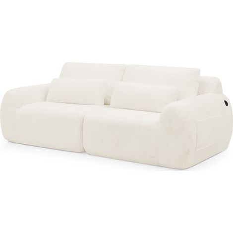 Canapé 2 places en tissu pelucheux effet lapin, avec ports USB de recharge et poche latérale, beige, idéal pour petit salon, bureau ou chambre CHICFURN (1/5)