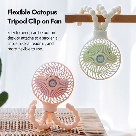 Mini portable fan for strollers, flexible octopus-shaped clip-on tripod with 3 adjustable speeds and USB charging for desk, crib, car seat, bicycle, treadmill (1/5)