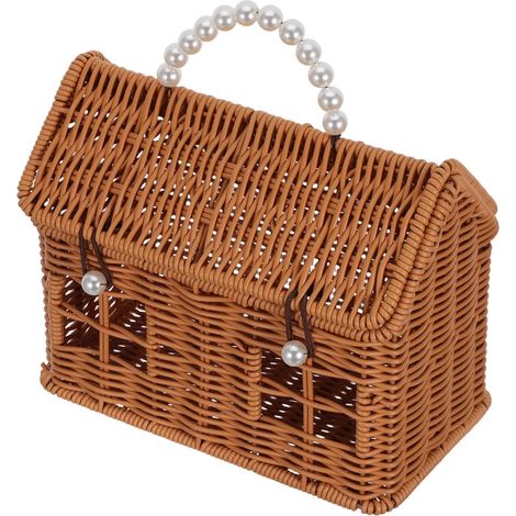 Panier de Pique-niques Tressé Imitation Rotin de Maison avec Poignée en Perles, Panier Décoratif Rustique 23,5x13x18,5 Cm, pour Mariage, Rangement et Sorties D’été (1/5)