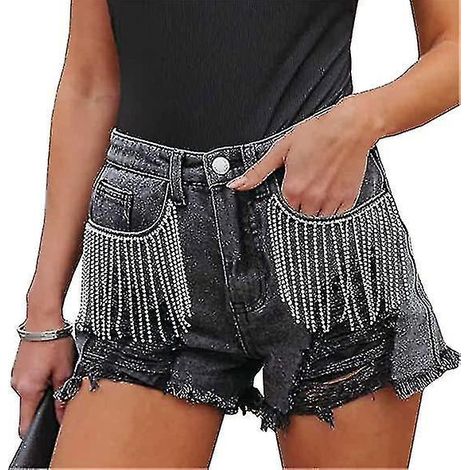 Damen-Jeansshorts mit hohem Bund, Rissen und Strassfransen, Sommer - Größe M (1/5)