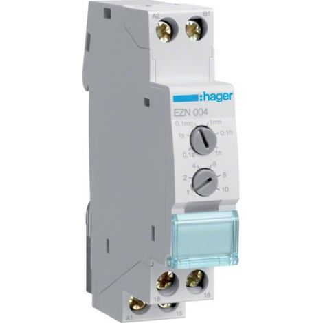 Hager – Relais temporisé calibreur d'impulsion – Tension 230V CA – Courant 10A – Rail DIN – Plage temporelle 0.1 à 10s/h - EZN004