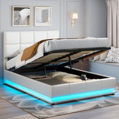 Lit coffre140 x 190, lit adulte 140x190cm avec LED, lit capitonné, cadre de lit, avec levier hydraulique, PU, Blanc