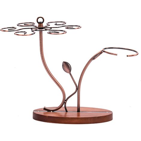 2-in-1 Rotweinglasständer & Weindekanter, Vintage-Bronze, für 6 Weingläser, Stielgläser, Aufbewahrung, Präsentation, Abtropfgestell, Tischständer, freistehend, massiver Holzsockel (1/5)