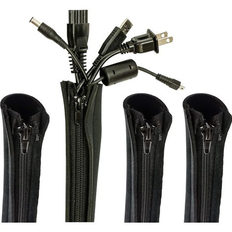 Gaine De Câbles - Néoprène Flexible Avec Fermeture Éclair - 50 Cm - Pour Organisation TV Bureau Ordinateur Divertissement - Lot De 4 - Noir (1/5)