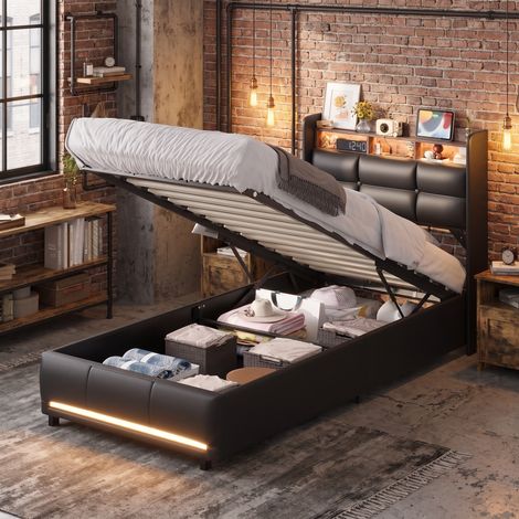 Lit coffre 90x200 cm noir - Lit simple capitonné en simili cuir avec LED, espace de rangement hydraulique, sommier à lattes, style contemporain (1/5)