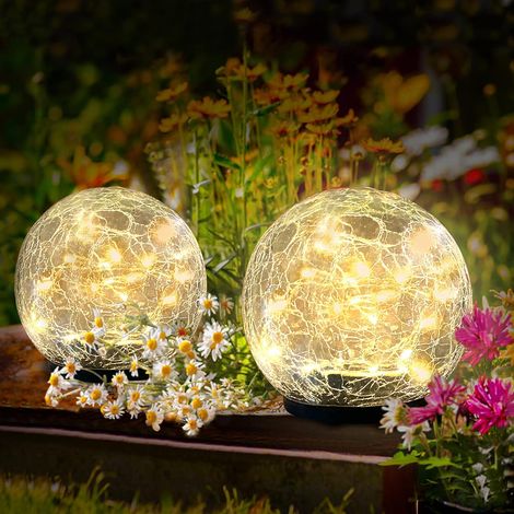 Lampes solaire d'extérieur étanches - Boules de verre craquelées pour jardin - Orbes solaires extérieurs - Décoration pour terrasse, cour, pelouse, arrière-cour
