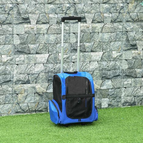 Bleu 42x25x55 cm - Sac à dos de transport 2 en 1 pour chariot d’animaux avec 2 roues pour chiens chats avec poignée rétractable en aluminium (1/4)