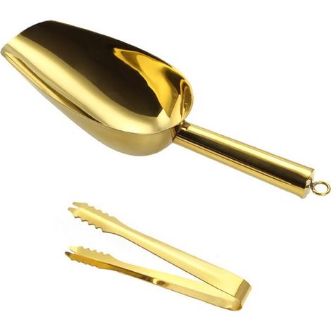 Cuchara multifuncional de 2 piezas: cuchara para harina de acero inoxidable y pinza para hielo de acero inoxidable, ergonómico, Color dorado (1/5)