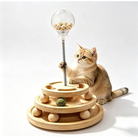 Giocattolo interattivo in legno per gatti, con 6 palline e 1 dispenser a molla. (1/5)