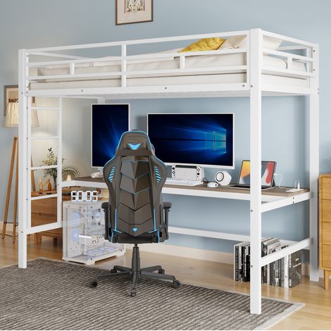MODFU – Lit mezzanine enfant 90x200 cm métal/MDF – Bureau et LED 7 couleurs – Prises USB/Type-C et garde-corps – Blanc (1/5)