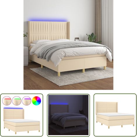 The Living Store Sommier à lattes de lit matelas et LED Crème 140x200 cm Tissu - Sommier Tapissier - Lit Plateforme - Lit Avec Rangement - Tête De Lit Ajustable - Éclairage Led (1/5)