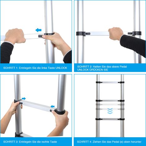 Wolketon Profi Teleskopleiter 3,8M Silber Aluminium 150kg Tragkraft Mehrzweckleiter rutschfeste Gummifüße mit Abnehmbaren Haken (1/3)