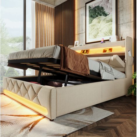 Letto matrimoniale contenitore LED beige 140x190 OKMYHOME (1/5)