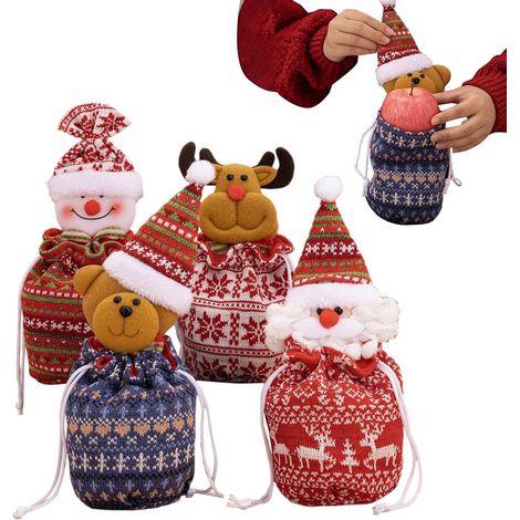 Lot de 4 sacs à friandises de Noël, avec cordon de serrage, motif Père Noël, bonhomme de neige, renne – Sacs de décoration de poupée de Noël 3D Pour bonbons, biscuits, chocolats, sucettes, travaux (1/5)