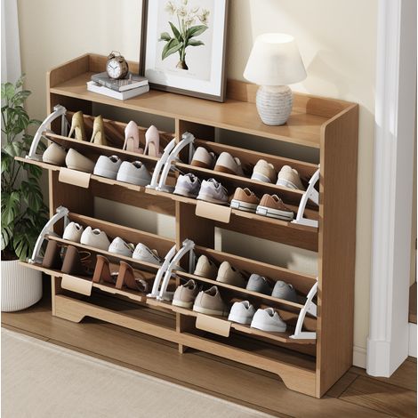 Mobile porta scarpe a 4 ribalte, frontale 3D, 105 x 24 x 90 cm, naturale DESVIAE (1/5)