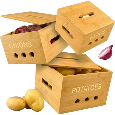 Relaxdays Aufbewahrungsboxen, 3 Größen, Kartoffelaufbewahrungsbox, Zwiebelbox, Knoblauchbehälter, Küche, Bambus, natur (1/5)