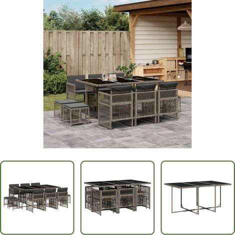 vidaXL Gartenstuhl -  11-tlg. Garten-Essgruppe mit Kissen Grau Poly Rattan (1/5)
