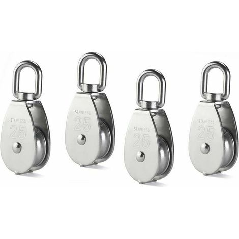 4 blocchi puleggia singoli M25, rullo puleggia in acciaio inox 304, gancio girevole per gru, cavo in acciaio liscio, carico 331 libbre/150 kg