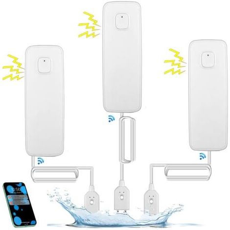 Capteur de fuite d'eau WiFi, alarme de capteur d'eau 80 dB, alarme de pompe de puisage, application TUYA, surveillance à distance gratuite pour les fuites d'eau, SMS et notification téléphonique (1/5)