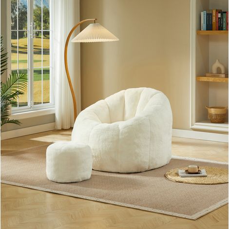 Fauteuil pouf floral avec repose-pieds, tissu doux blanc cassé, sans montage, 105 x 105 x 70 cm (1/5)