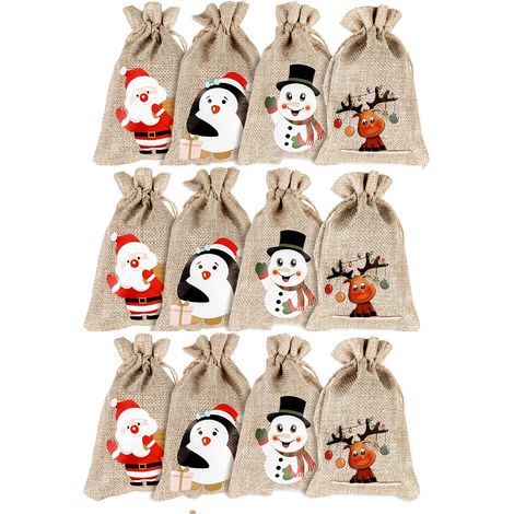 Bolsas de regalo navideñas de lino, juego de 12 unidades con cordón ajustable, perfectas para la temporada navideña y otras ocasiones. (1/5)
